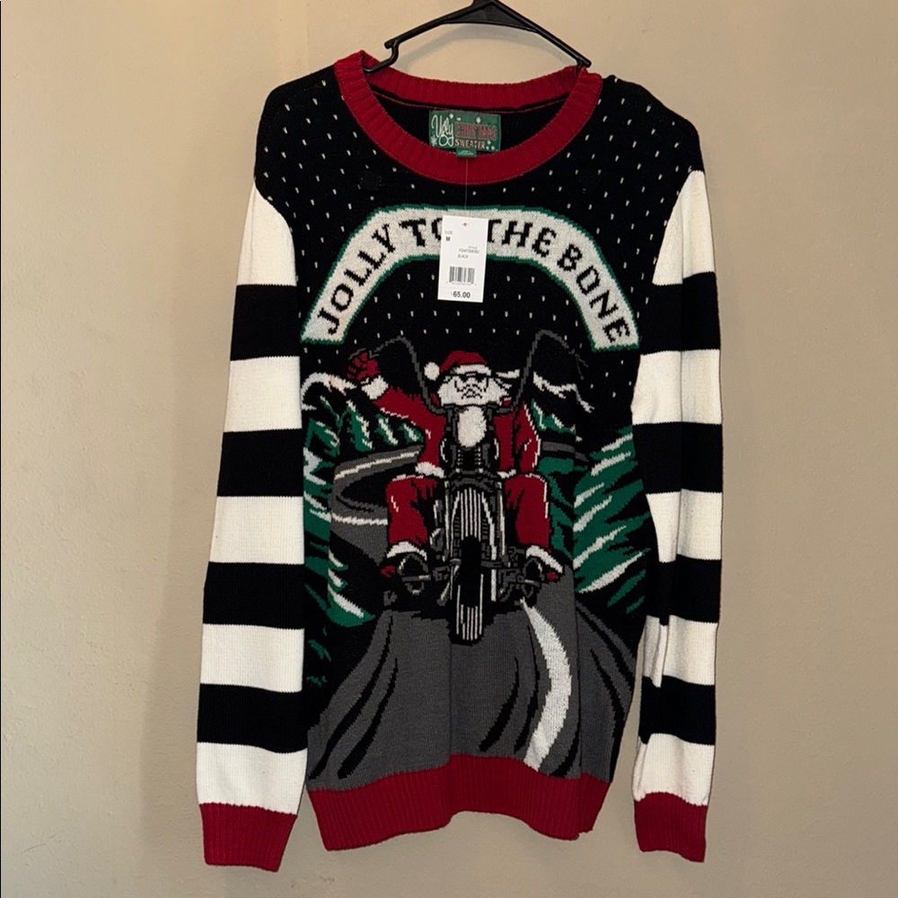 Men's Black and White Striped Sweater with Santa Design. Sz Medium